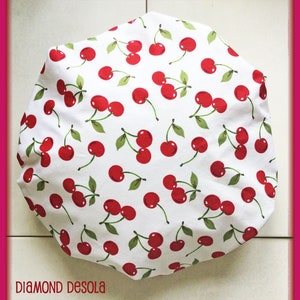 Shower Cap Cherries Print bathing showering hat. Soft Comfortable Red, Green, White Cotton outer & Waterproof inner. Glamourous Bath Gift. zdjęcie 2
