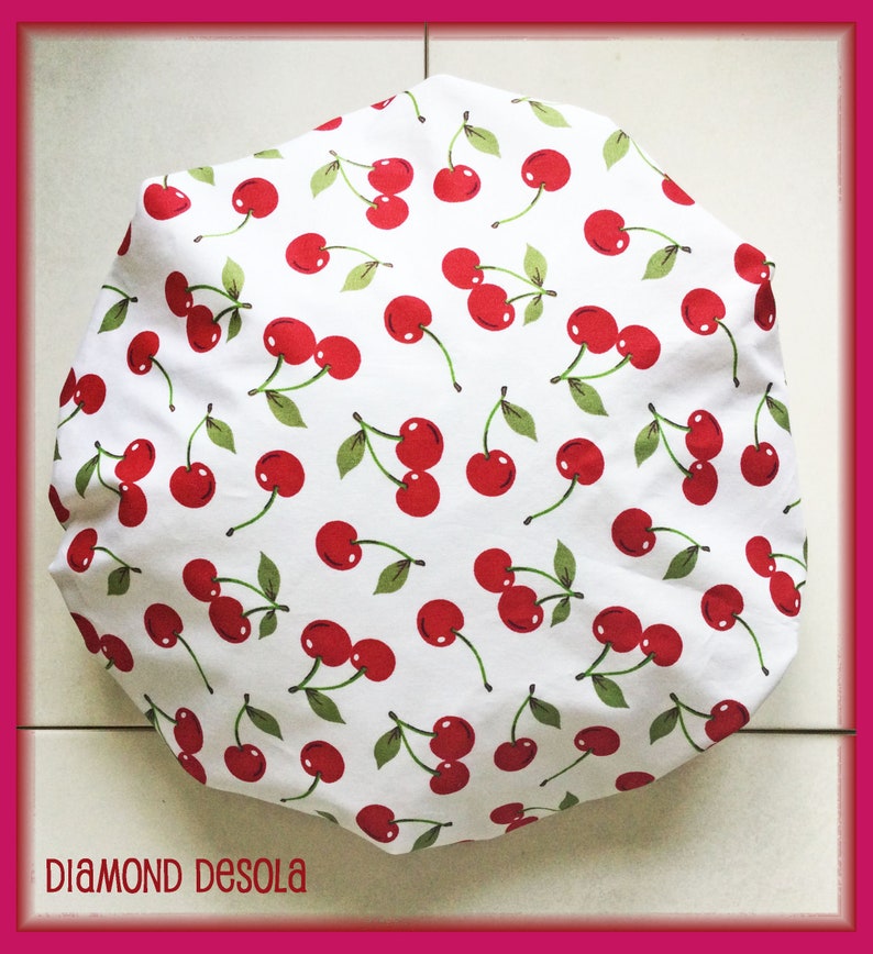 Shower Cap Cherries Print bathing showering hat. Soft Comfortable Red, Green, White Cotton outer & Waterproof inner. Glamourous Bath Gift. zdjęcie 2