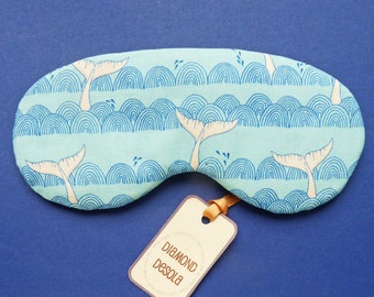 Eye Sleep Mask Whale and Waves Cotton Print Blackout, Blindfold Relaxation Sleeping and Travel bedroom Gift UK Made