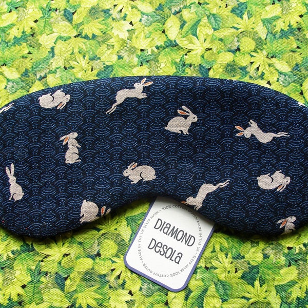 Eye Sleep Mask Bunny Rabbits Cotton Navy Japanese Style Travel  Festival Nature Relax Comfortable Blackout UK Made Gift  Mothers Day Easter