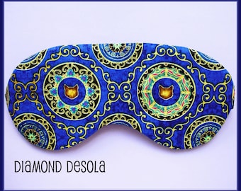 Eye Sleep Mask Cats Blue Gold Cotton Tile Print Cat Lover Sleeping Gift  Blackout Blindfold Relaxation   UK Made