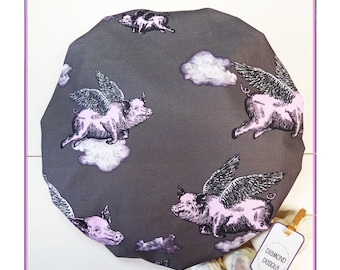 Shower Cap Flying Pigs for bathing showering Soft  Comfortable Grey Pink Cotton Outer -  Fully waterproof inner. Adult UK Made Gift