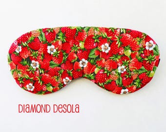 Strawberry Print Eye Mask: Soft Cotton Travel Sleep Mask, UK Made