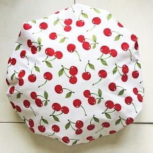 Shower Cap Cherries Print bathing showering hat. Soft Comfortable Red, Green, White Cotton outer & Waterproof inner. Glamourous Bath Gift. zdjęcie 7