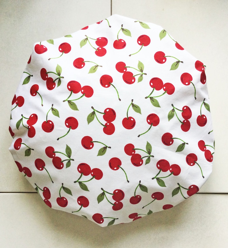 Shower Cap Cherries Print bathing showering hat. Soft Comfortable Red, Green, White Cotton outer & Waterproof inner. Glamourous Bath Gift. zdjęcie 7