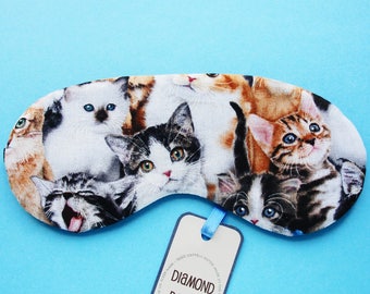 Eye Sleep Mask Cute Cats and Kittens Faces Cotton Print. Travel, Camping, Festivals, Relax, Bachelorette, Blackout UK Made Cat Lover's Gift