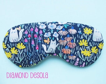 Eye Sleep Mask Cats Flowers Multi Colours Kitty Lover Gift, Mindfulness Sleeping Blackout Relax UK Made