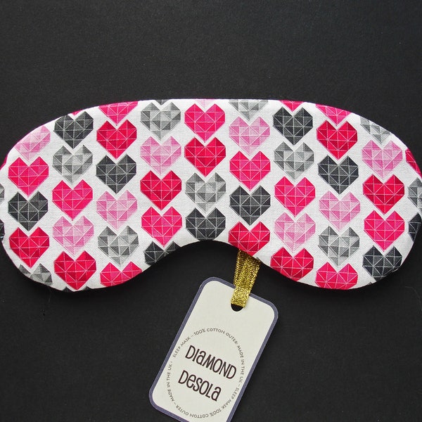 Eye Sleep Mask Soft Cotton Hearts Design Love Sweetheart Gift Blackout Travel Engagement Relax UK Made Valentine Best Selling Item