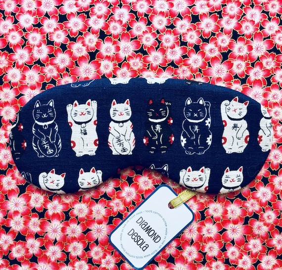 Eye Sleep Mask Lucky Cat Maneki-neko Cotton Print soft Comfortable Blackout Travel Relax UK Made Gift Best Kitten Japanese meditation