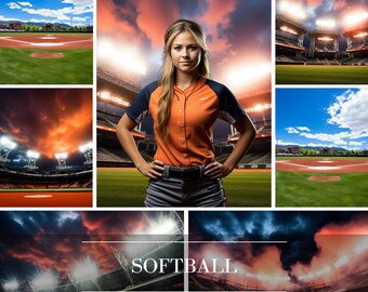 May include: A digital backdrop featuring a softball field with a dramatic sunset sky. The field is lit by stadium lights and has a red dirt infield. The backdrop is perfect for creating professional-looking photos of softball players.