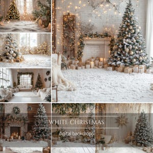 May include: A digital backdrop featuring a white Christmas scene with a fireplace, a Christmas tree, and presents. The backdrop is perfect for creating festive photos.