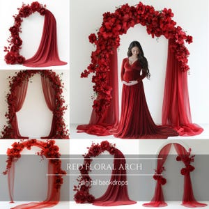 Red Floral Arch Digital Backdrop Set: Maternity Photography Overlays (Digital Download)
