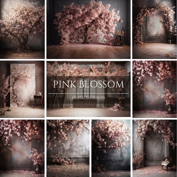 16 Pink Blossom Floral Digital Backdrops, Studio Backdrop Overlays, Maternity Backdrop Overlays, Photoshop Overlays