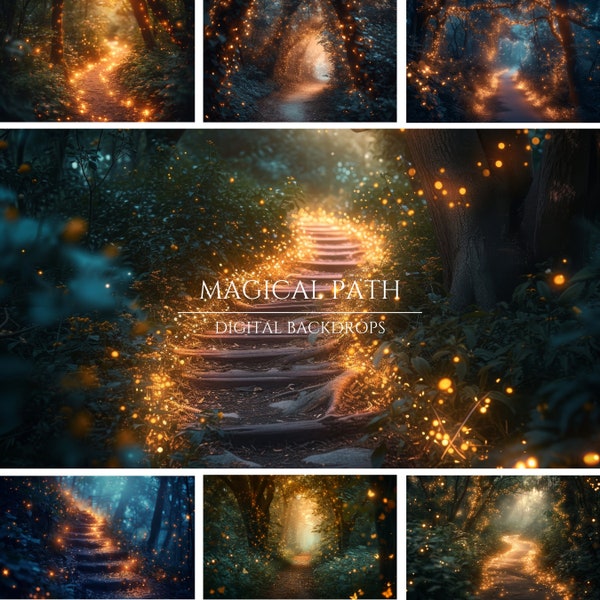 Magical Path Fantasy Digital Backdrops, Fireflies Photoshop Overlays, Studio Portrait Backdrops, Digital Download