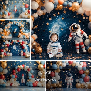 May include: A digital backdrop featuring a space-themed party scene with a blue background, stars, a moon, and a balloon arch. Two astronauts, one sitting and one standing, are in the scene. The text "SPACE digital backdrops" is at the bottom of the image.