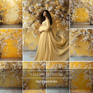 Yellow Blossom Floral Digital Backdrops, Studio Backdrop Overlays, Maternity Backdrop Overlays, Photoshop Overlays