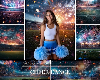 May include: A digital backdrop featuring a cheerleader in a white tank top and blue skirt with pom-poms in front of a stadium with fireworks and confetti. The text "CHEER DANCE digital backdrops" is at the bottom of the image.