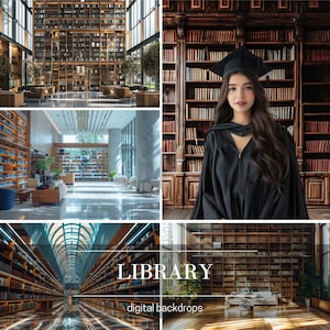 May include: Four different images of a library setting. The first image shows a large library with tall bookshelves and a person sitting on a chair. The second image shows a person wearing a black graduation gown standing in front of a bookshelf. The third image shows a large library with tall bookshelves and a person sitting on a chair. The fourth image shows a large library with tall bookshelves and a person sitting on a chair.