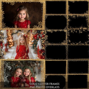 May include: A selection of gold glitter frames and photo overlays with a Christmas theme. The frames have a gold glitter border with snowflake accents. The image includes photos of children in red dresses. Text at the bottom reads "GOLD GLITTER FRAMES PNG PHOTO OVERLAYS."