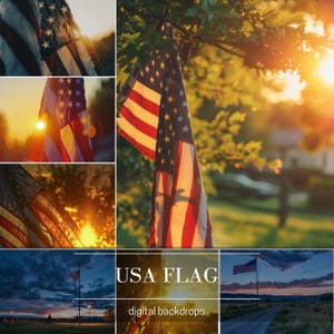 May include: A collage of images featuring the American flag in various settings. The flag is shown waving in the wind, against a sunset backdrop, and hanging from a tree branch. The text "USA FLAG digital backdrops" is displayed at the bottom of the collage.