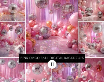 Fondos digitales de fiesta con bola de discoteca rosa para fotografía compuesta, descarga digital