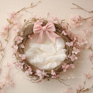 Fondo digital para recién nacidos, diseño de niña con corona floral rosa y crema con lazo, fondo digital compuesto de bellas artes, superposiciones de Photoshop, utilería para fotos.