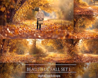 Beautiful Fall Landscape Set 01 Digital Backdrops for Composite Photography, Falling Leaves Backdrop, Autumn Background, Digital Download