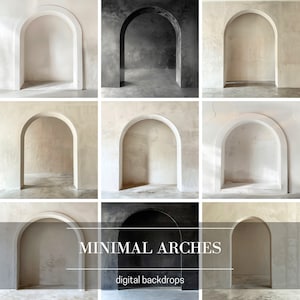 Pode incluir: Nove cenários digitais com portas arqueadas em várias cores e texturas. Os cenários são ideais para fotografia de produtos ou para criar uma estética minimalista.