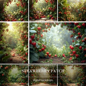 May include: A digital backdrop featuring a lush green strawberry patch with ripe red strawberries hanging from the vines. The background is a blurred image of a forest with sunlight shining through the leaves. The text "STRAWBERRY PATCH" and "digital backdrops" is displayed at the bottom of the image.