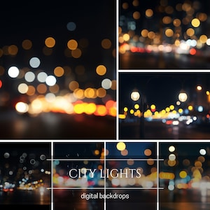 May include: A collage of five images featuring blurred city lights at night. The images show a variety of scenes, including streetlights, traffic, and buildings. The text "CITY LIGHTS digital backdrops" is superimposed on the images.