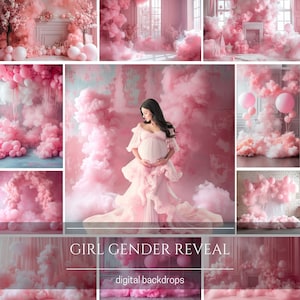 Tła ciążowe ujawniające płeć dziewczynki do fotografii kompozytowej Różowy dym i balony Tła studyjne Nakładki Photoshop na baby shower