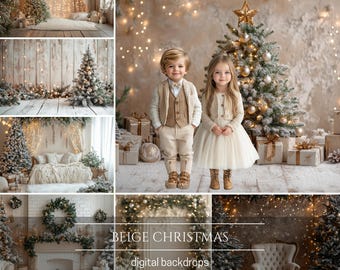 Beige Christmas Digital Backdrops, Photo Studio Backdrops, Bokeh Overlays, Fairy Lights, Photoshop Overlays