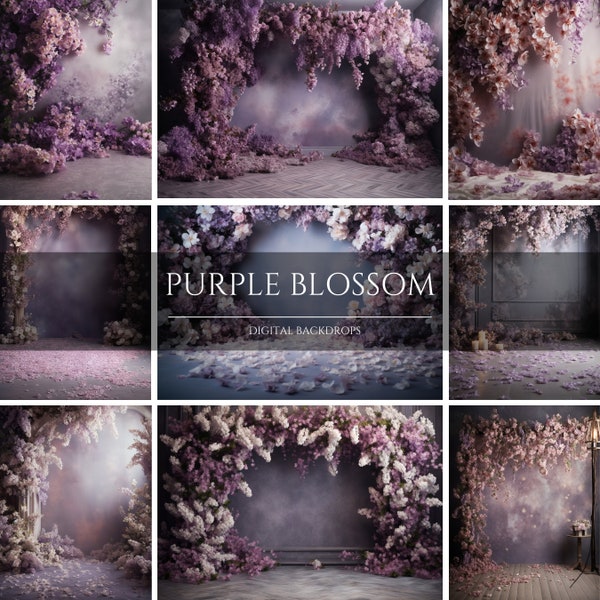 Purple Blossom Floral Digital Backdrops, Studio Backdrop Overlays, Maternity Backdrop Overlays, Photoshop Overlays
