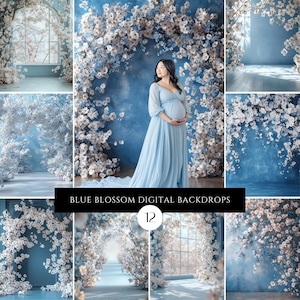 Blue Blossom Floral Digital Backdrop: Maternity Photography Overlays (JPG)