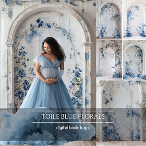 May include: A pregnant woman in a light blue tulle gown stands in front of a white and blue floral backdrop. The backdrop features a large archway with a white wooden door and blue floral vines. The text "toile blue florals" and "digital backdrops" is at the bottom of the image.