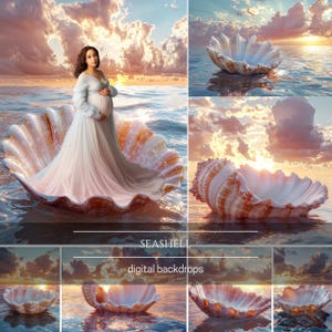 Könnte beinhalten: Ein digitaler Hintergrund mit einer schwangeren Person in einem fließenden Kleid, die in einer großen Muschel im Ozean sitzt. Die Szene spielt bei Sonnenuntergang mit einem Himmel in Rosa-, Orange- und Blautönen. Der Text "SEASHELL digital backdrops" wird angezeigt.