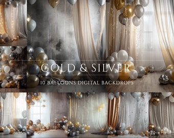 Gold and Silver Balloons Digital Backdrops, Photo Backdrops, Photoshop Overlays, Cake Smash Photography Digital Background