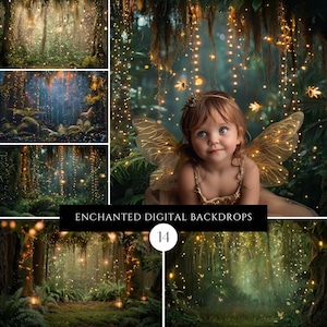 Fondo de estudio digital de bosque de hadas encantado, foto de cuento de hadas de país de las hadas, fondo digital para fotografía infantil, superposiciones de Photoshop