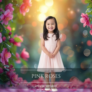 Pink Roses Floral Summer Digital Backdrop for Composite Photography, Portrait Backdrop Overlay, Outdoor Portrait, Digital Photo Prop