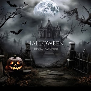 Spooky Full Moon Halloween Digital Backdrops, Pumpkins Backdrops, Composite Digital Background, Studio Backdrop Autumn