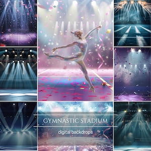 Könnte beinhalten: Ein digitales Hintergrundbild-Set für Gymnastik mit einer Turnerin in einem silbernen Trikot, die einen Spagatsprung ausführt. Der Hintergrund enthält eine Vielzahl von Bühnenbeleuchtungseffekten, Konfetti und Bändern. Der Text "GYMNASTIC STADIUM digital backdrops" wird in der Mitte des Bildes angezeigt.