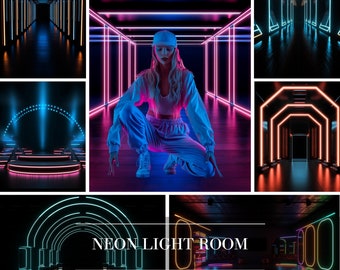 May include: A collection of digital backdrops featuring neon light rooms. The backdrops are perfect for creating a futuristic or cyberpunk aesthetic. The images feature a variety of neon colors and shapes, including arches, tunnels, and geometric patterns. The text "NEON LIGHT ROOM" is displayed in the center of the image.