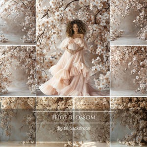 Beige Blossom Floral Digital Backdrops, Studio Backdrop Overlays, Maternity Backdrop Overlays, Photoshop Overlays, Composite Photography
