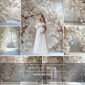 White Blossom Floral Digital Backdrops, Studio Backdrop Overlays, Maternity Backdrop Overlays, Photoshop Overlays, Digital Photo Art