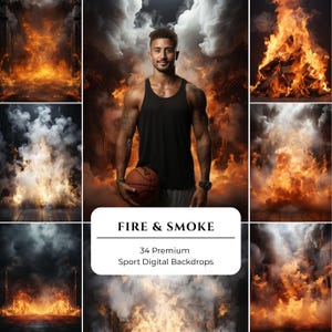 Puede incluir: Una colección de 34 fondos digitales con efectos de fuego y humo, presentados en formato de collage. La imagen central muestra a una persona con una camiseta sin mangas negra sosteniendo un balón de baloncesto, rodeada de llamas naranjas y humo blanco.