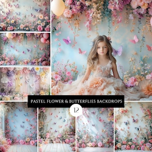 Superpositions de toile de fond de photographie pastel de fleurs et de papillons (téléchargement numérique)