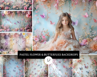 Fondos fotográficos con flores y mariposas pastel (descarga digital)