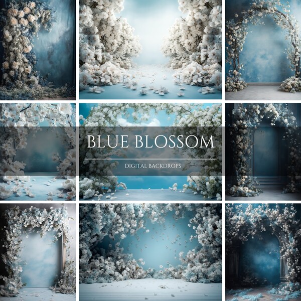 9 Blue Blossom Floral Digital Backdrops, Studio Backdrop Overlays, Maternity Backdrop Overlays, Photoshop Overlays