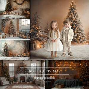 Boho Christmas Studio Backdrop Overlays for Composite Photography, Christmas Tree, Christmas Bed, Bokeh Light Overlays, Fairy Lights