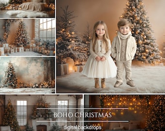 Boho Christmas Photography Backdrops: Tree, Bed, Bokeh (Digital Download)